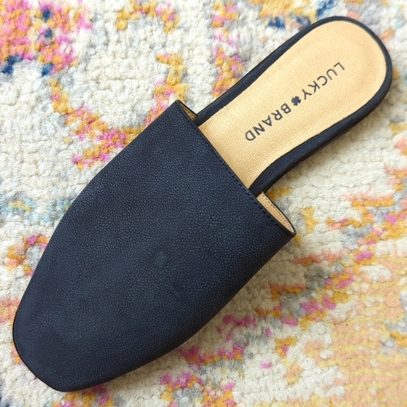 Lucky Brand Acasia Classic Pebbled Leather Slip On Open Back Flat Mules Black 6 - Picture 8 of 15